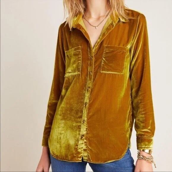 Anthropologie Maeve Womens Karina Crushed‎ Velvet Button Down Shirt Size 8 Gold - Picture 1 of 7